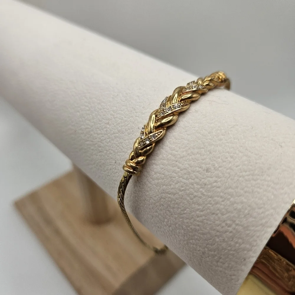 VINTAGE Gold Tone Braided Rhinestone Dainty Adjustable Bracelet